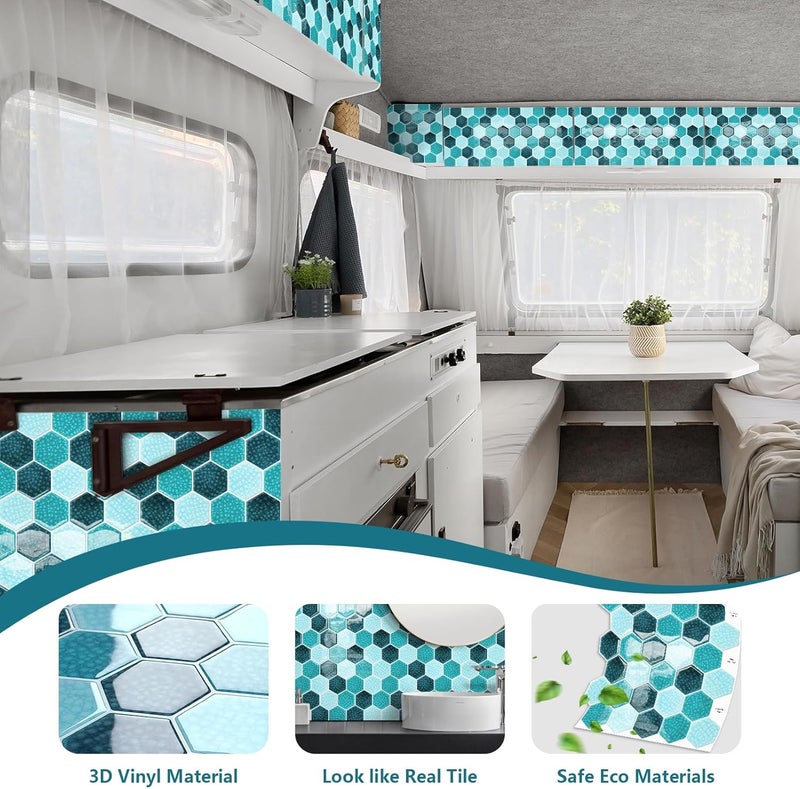 MOONFUN Hexagon Peel and Stick Backsplash Tile,10 Sheets 3D Self Adhesive Wall Tile Sticker（Blue Mosaic）, IN - Image 5
